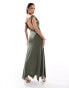 ASOS DESIGN asymmetric neckline midi dress with hanky hem in khaki