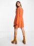 ASOS DESIGN long sleeve button down waisted mini dress with floral embroidery in rust