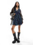 Wednesday's Girl ditsy floral mesh flared sleeve mini dress in blue