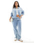 In The Style Plus frayed seam pocket detail denim jacket in light blue