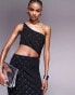 ASOS DESIGN one shoulder studded embellished column maxi dress in black