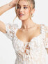 Love Triangle puff sleeve skater dress in white leaf lace