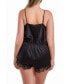 ფოტო #2 პროდუქტის Jeanie Plus Size Satin Romper with Front Drape and Floral Eyelash Lace Trim