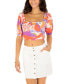 ფოტო #1 პროდუქტის Juniors' Quilted Vines Puff-Sleeve Tie Back Top