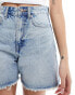 Фото #5 товара Pull&Bear high waisted raw hem longline denim shorts in light blue