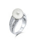Фото #2 товара Bridal Pave CZ Solitaire White Simulated Pearl Fashion Statement Ring For Women For Prom Rhodium Plated Brass