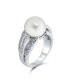 Pave CZ Solitaire White Simulated Pearl Fashion Statement Ring For Women For Prom Rhodium Plated Brass