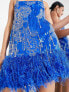 Фото #5 товара ASOS EDITION floral sequin and bead mini dress with faux feather hem in bright blue