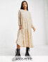 Фото #2 товара ASOS DESIGN Petite long sleeve tiered smock midi dress in beige spot print