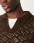 ASOS DESIGN knitted jumper with notch neck in dark brown with texture