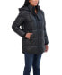 Women's Faux Leather 3/4 Puffer Jacket With Hood