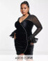 ASOS LUXE Curve plunge neck velvet mini dress with sheer sleeves in black Черный, 44 - фото #1