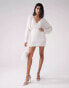 Фото #2 товара ASOS DESIGN batwing embellished drip bead wrap mini dress in white