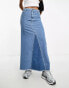 ASOS Weekend Collective low rise denim midi skirt in mid wash