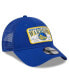 Men's Royal Golden State Warriors Plate Oversized Patch Trucker 9FORTY Adjustable Hat