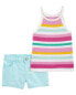 Фото #2 товара Baby 2-Piece Striped Crochet Sweater Tank & Eyelet Trim Denim Shorts Set 12M