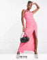 Фото #1 товара Vesper Petite twist front halterneck maxi dress with thigh split in pink