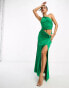 ASOS DESIGN one shoulder ruched mesh cut out detail maxi dress in dark green