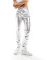 River Island metallic straight leg trouser in silver Серебристый, 38 - фото #10