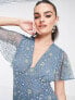 Фото #3 товара ASOS DESIGN flutter sleeve maxi dress with trailing floral embellishment in blue