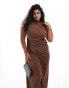 ASOS DESIGN Curve high neck pleated maxi dress with drape wrap skirt in chocolate