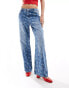 Фото #5 товара Bershka cherry bow embroidered wide leg jeans in indigo wash