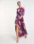 Фото #1 товара Liquorish satin modest maxi dress in wine placement floral