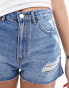 Pull&Bear high waisted ripped Mom denim shorts in mid blue