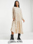 ASOS DESIGN Petite long sleeve tiered smock midi dress in beige spot print