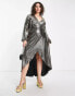 Фото #8 товара Flounce London Plus long sleeve wrap maxi dress in gold metallic sparkle