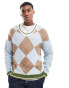 ASOS DESIGN relaxed knitted jumper in blue and brown argyle pattern