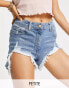 Parisian Petite distressed denim shorts with rips in mid blue