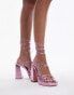 Topshop Eve heeled platform with ankle tie in pink metallic