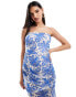 ASOS DESIGN bandeau midi dress with drape mesh bodice in blue tile print