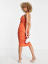 Rare London mesh drape wrap midi pencil dress in orange