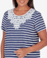 Фото #4 товара Petite Classic Neutrals Lace Neck Striped Split Hem T-shirt