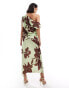 Фото #3 товара ASOS DESIGN satin off shoulder draped midi dress with split in lime floral print