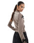 Фото #8 товара Fashionkilla ribbed zip through contrast bow detail jumper in mocha