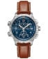 Men's Swiss Chronograph Khaki X-Wind GMT Brown Leather Strap Watch 46mm
