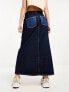 River Island patchwork denim maxi skirt in dark blue