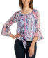 Фото #1 товара Juniors' Printed Bell-Sleeve Tie-Front Peasant Top