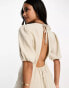 JDY linen look tie back mini dress in stone