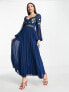 Фото #4 товара ASOS DESIGN Tall embroidered lace insert pleated midi dress with long sleeves in navy