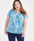 Фото #1 товара Plus Size Printed Pleated-Neck Top, Created for Macy's