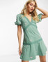 ASOS DESIGN tiered mini dress with lace trim and pink rose embroidery in sage