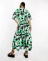 Monki smock midi dress in green abstract print