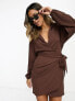 ASOS DESIGN long sleeve v neck wrap mini dress in chocolate