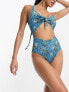 Monki tie front swimsuit in blue floral print