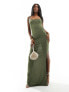 Фото #1 товара ASOS DESIGN slinky cowl neck cami maxi dress with gold trim back in khaki