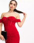 Фото #4 товара Jaded Rose Petite – Gerafftes, wadenlanges Kleid in Rot mit Korsett-Taille und transparentem Einsatz